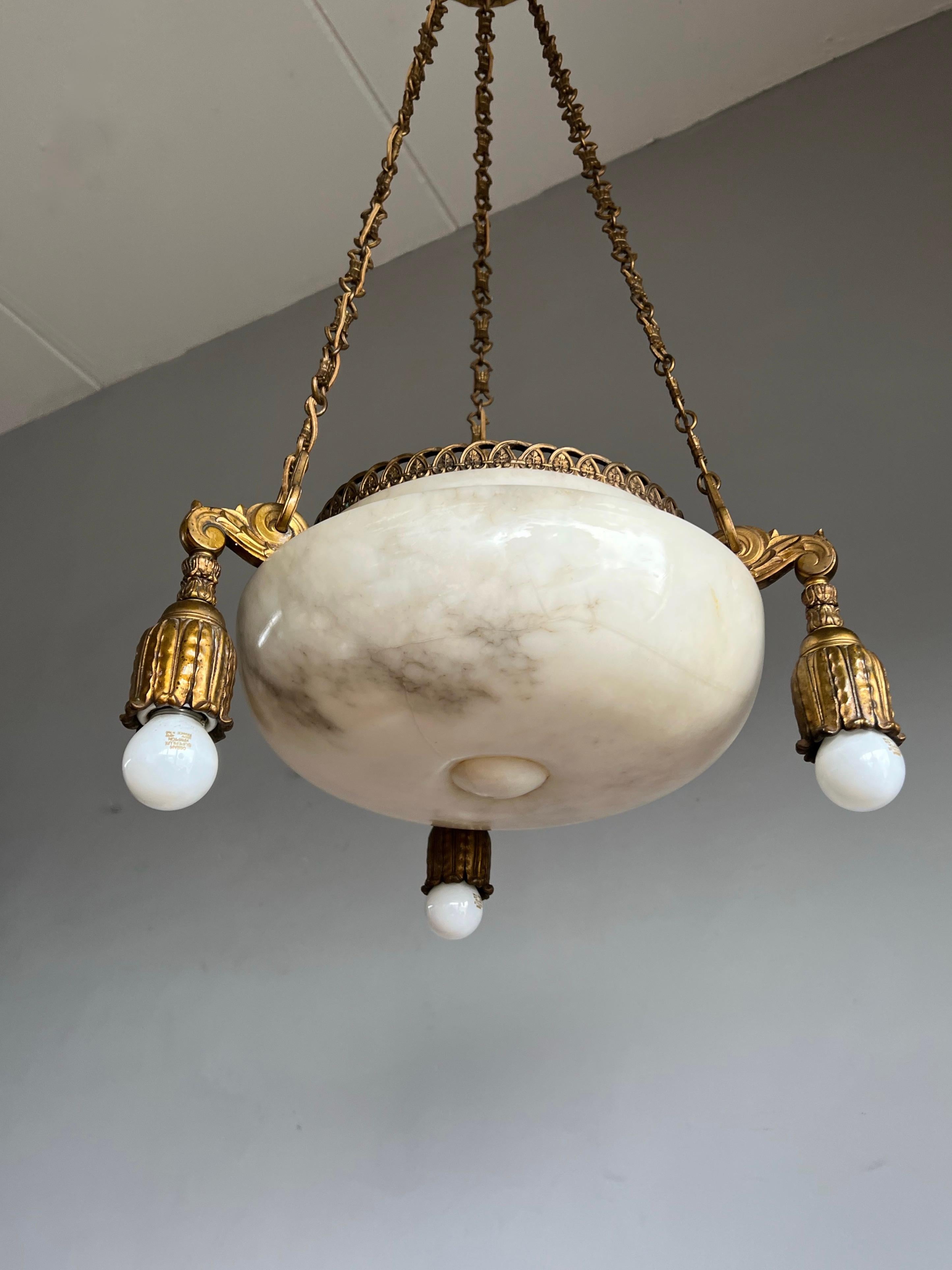 Antique French Art Deco Alabaster Pendant Light with Fine Gilt Bronze Hardware For Sale 16
