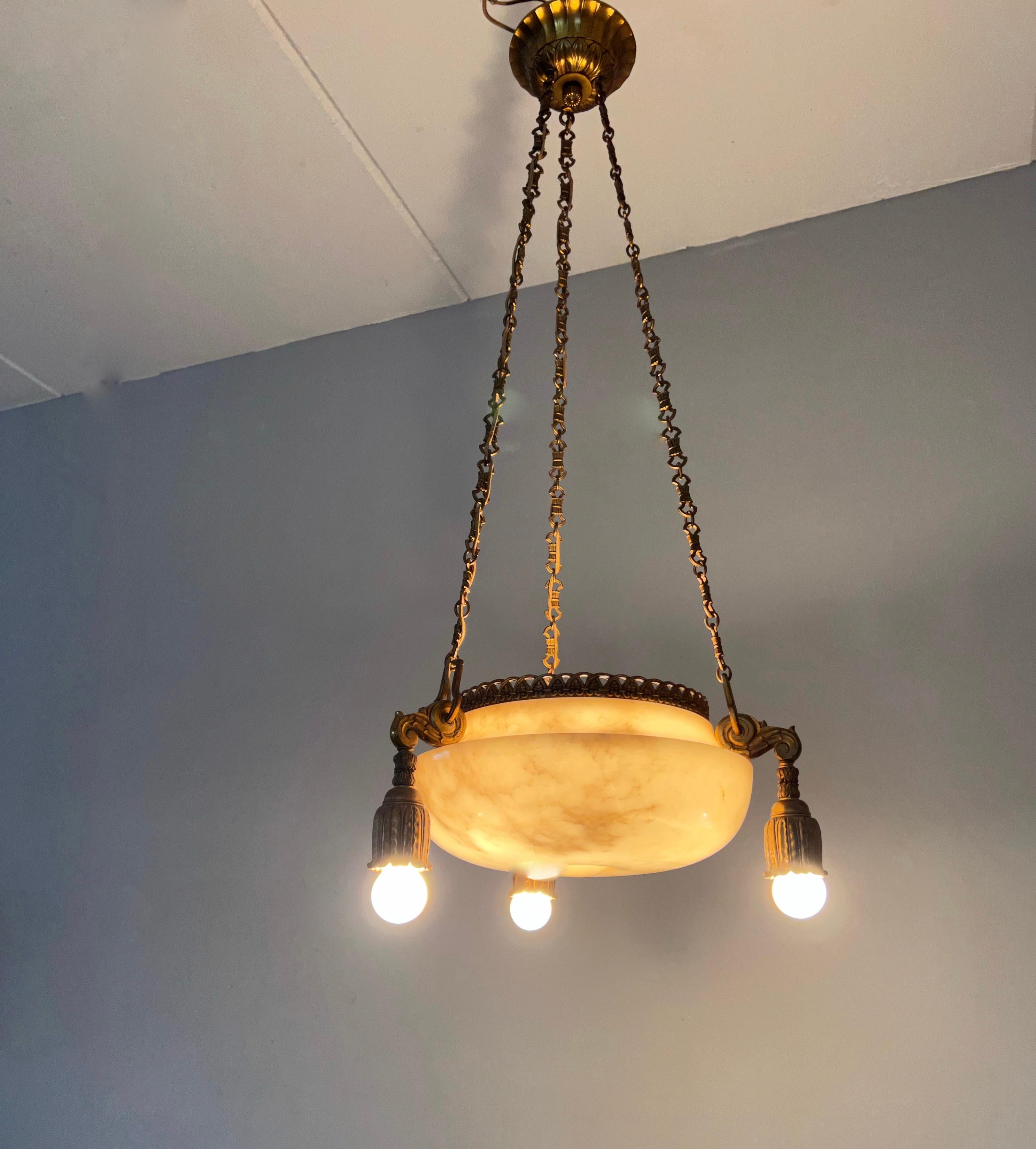 20th Century Antique French Art Deco Alabaster Pendant Light with Fine Gilt Bronze Hardware For Sale