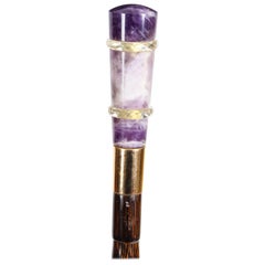 Antique French Art Deco Amethyst, Rock Crystal and Bamboo Walking Stick 1920s