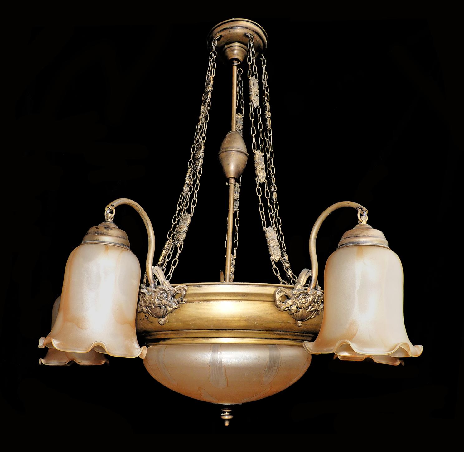 20th Century Antique French Art Deco and Art Nouveau Amber Glass 7-Light Chandelier For Sale