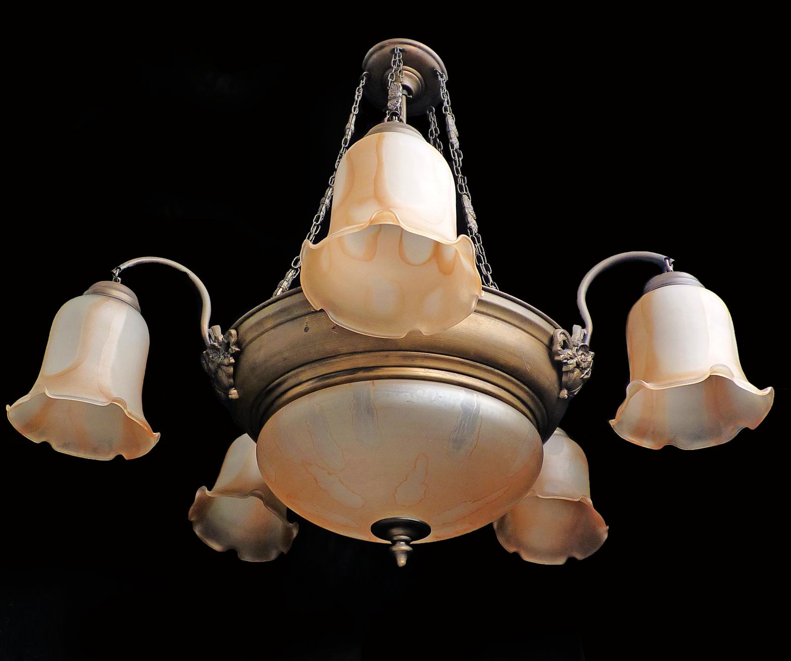Metal Antique French Art Deco and Art Nouveau Amber Glass 7-Light Chandelier For Sale
