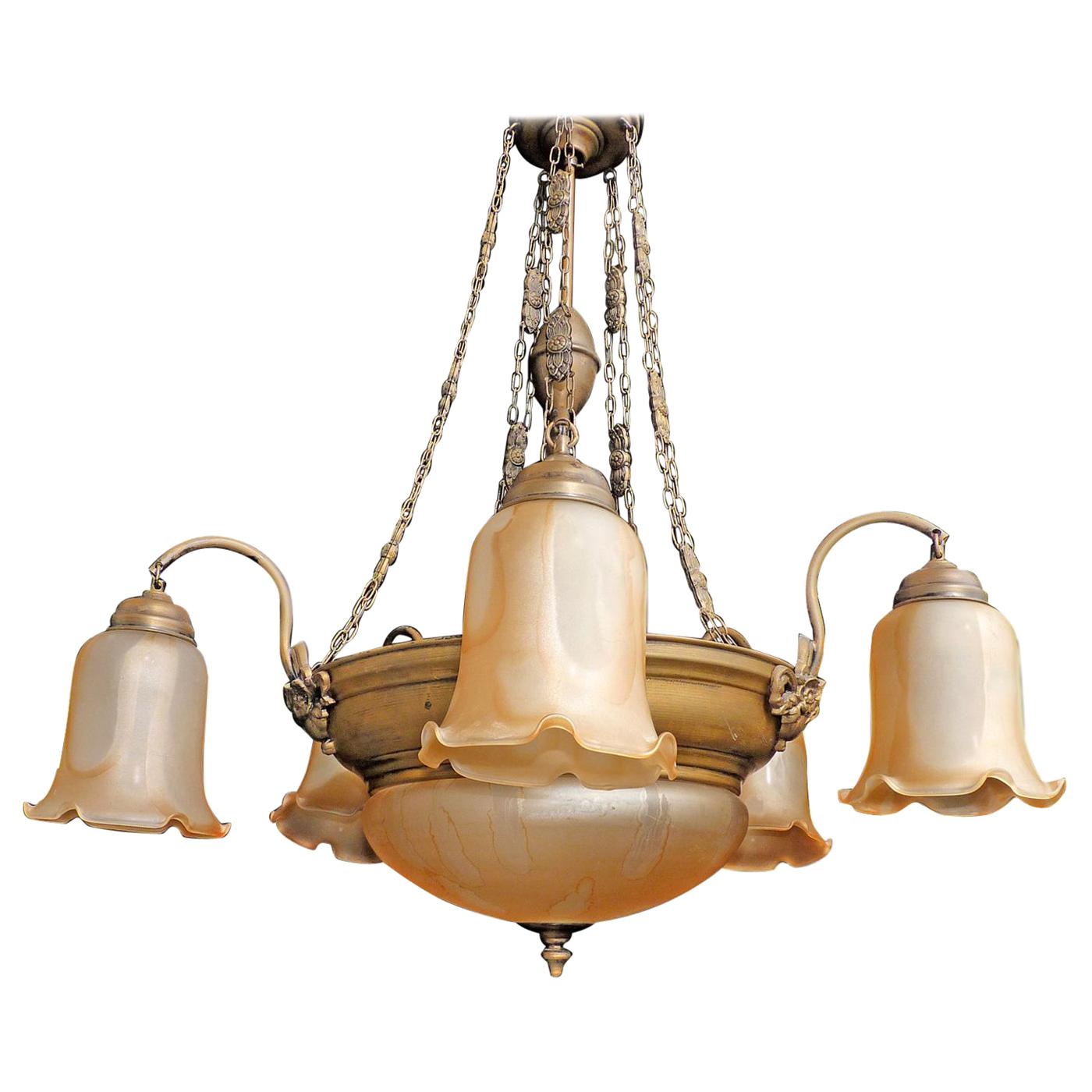Lustre à 7 lumières en verre ambré Art Déco et Art Nouveau français ancien en vente