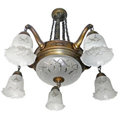 Antique French Art Deco and Art Nouveau Etched and Wheel Cut-Glass Chandelier