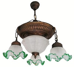 Antique French Art Deco and Art Nouveau Fogged Green Glass 5-Light Chandelier