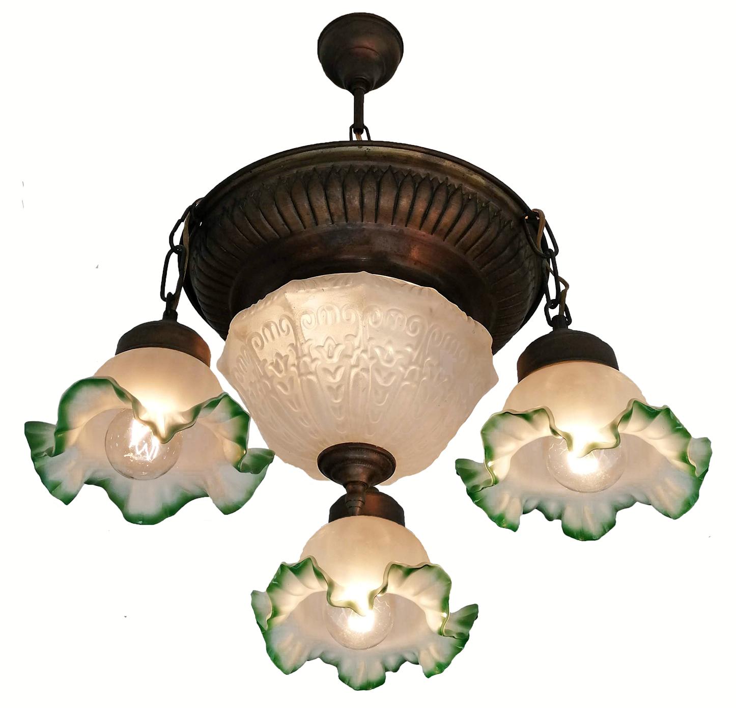 Burnished Antique French Art Deco and Art Nouveau Fogged Green Glass 5-Light Chandelier For Sale