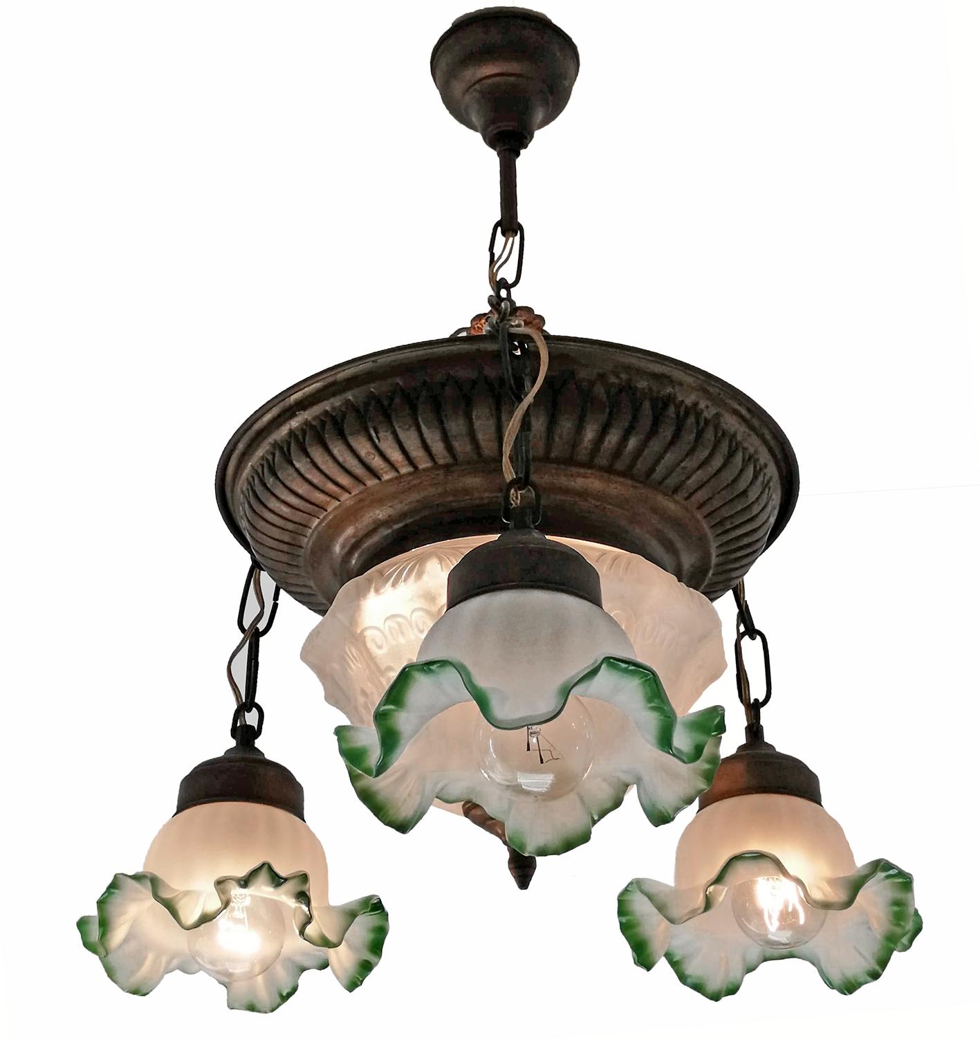 Burnished Antique French Art Deco and Art Nouveau Fogged Green Glass 5-Light Chandelier For Sale