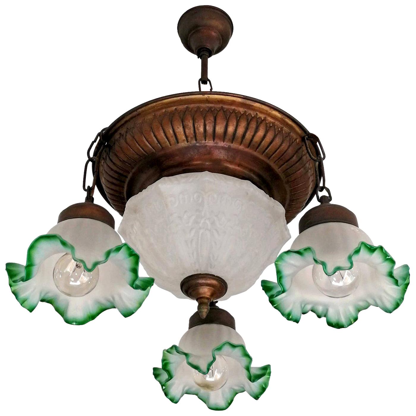 Lustre à 5 éclairages ancien en verre vert gaufré Art Déco et Art Nouveau français en vente