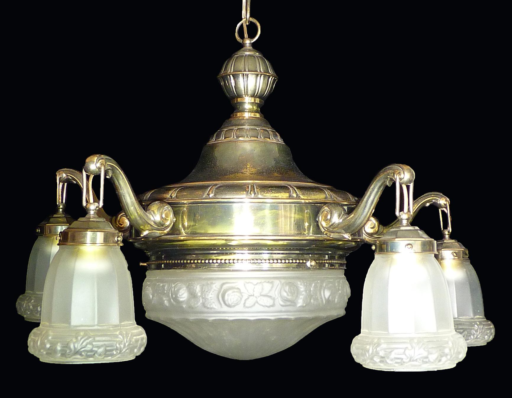 20th Century Antique French Art Deco and Art Nouveau Frosted Glass Degué Style Chandelier For Sale