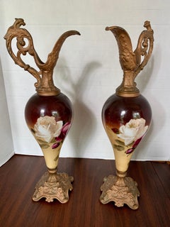 Antique French Art Deco Hand Painted Porcelain and Bronze Ewer Vessels Urns