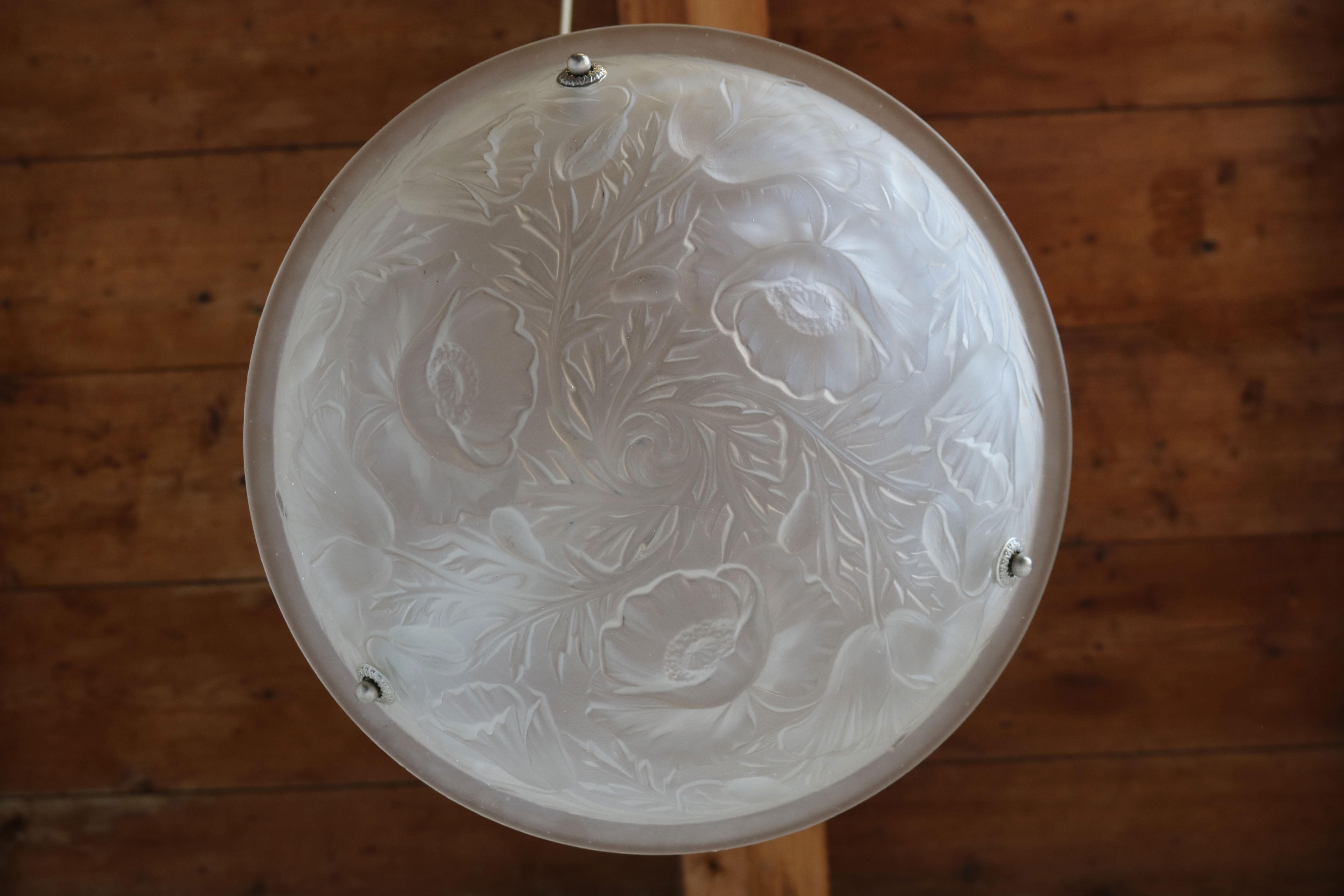 Early 20th Century Antique French Art Deco / Art Nouveau Pendant Floral 1920 Frosted Glass Silver For Sale