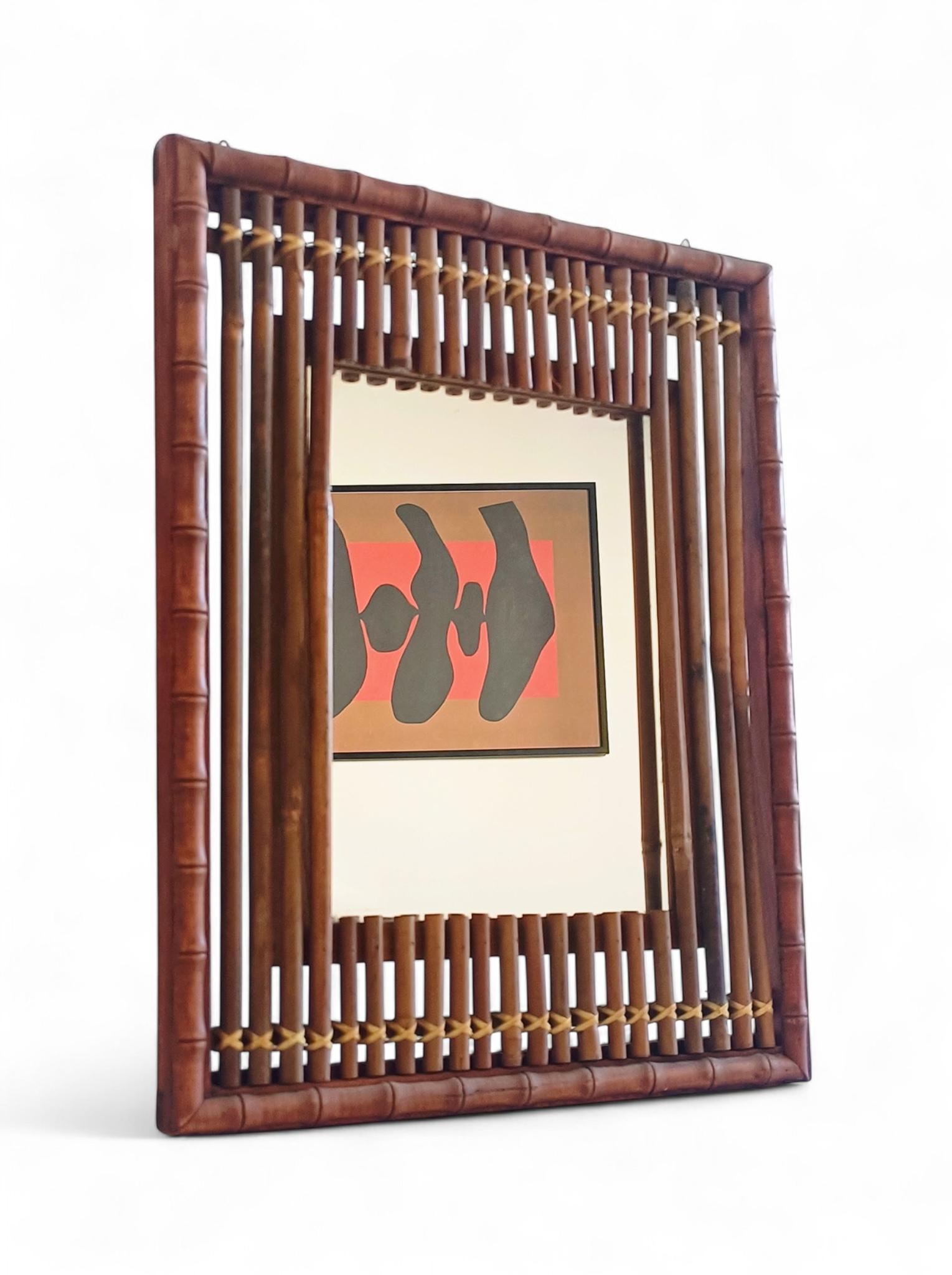 Antiguo espejo de pared francés Art Decó de bambú y madera, principios del siglo XX en venta 2