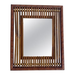 Antique French Art Deco Bamboo and Wood Wall Mirror, Early 20th Century