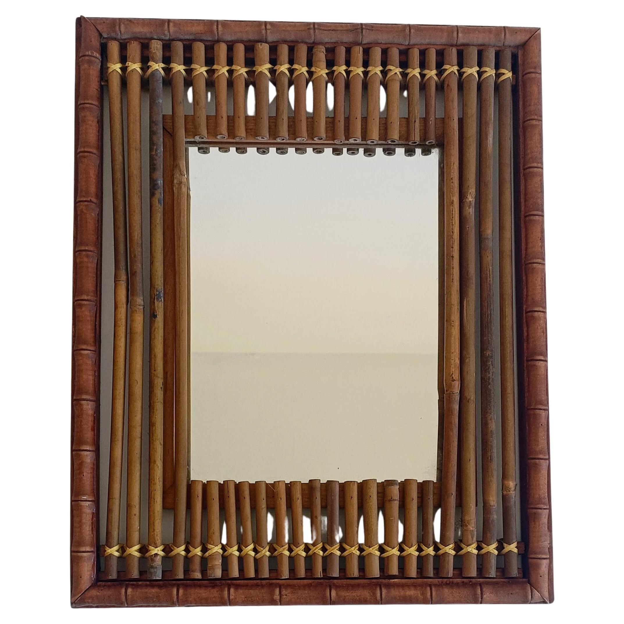 Antique French Art Deco Bamboo and Wood Wall Mirror, Early 20th Century