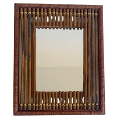 Antique French Art Deco Bamboo and Wood Wall Mirror, Early 20th Century