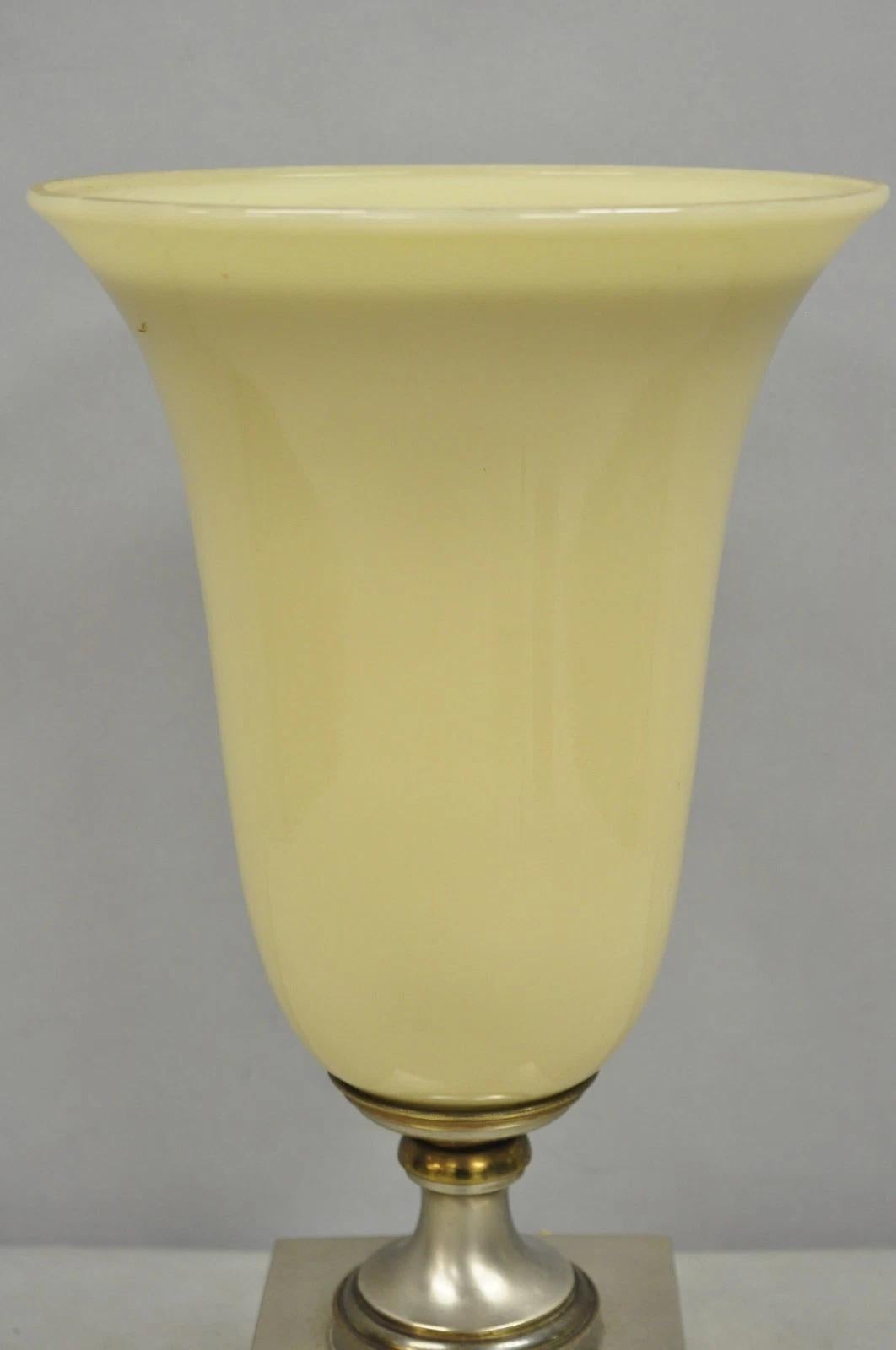 Art déco Antique French Art Deco Beige Fluted Glass Vase Metal Base Up Light Table Lamp en vente