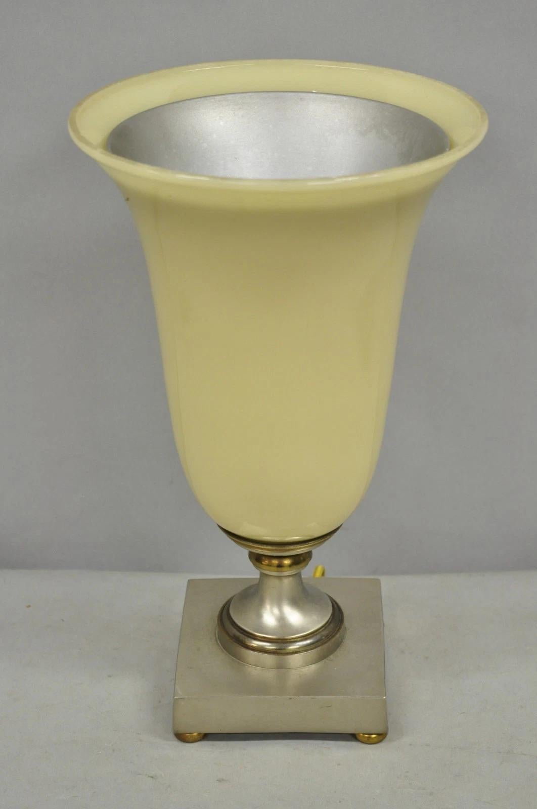 Inconnu Antique French Art Deco Beige Fluted Glass Vase Metal Base Up Light Table Lamp en vente