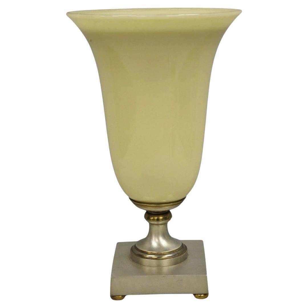Antique French Art Deco Beige Fluted Glass Vase Metal Base Up Light Table Lamp