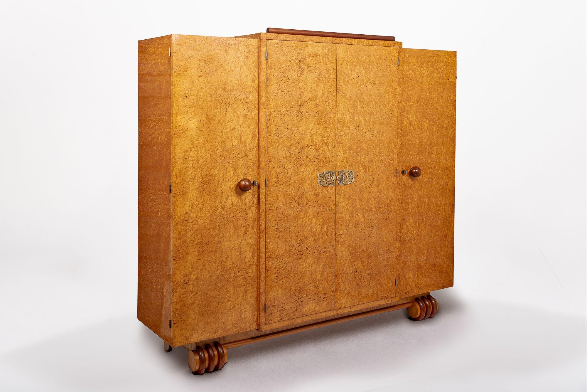 Antique French Art Deco Birdseye Maple Wardrobe Cabinet 1930s In Good Condition In Detroit, MI