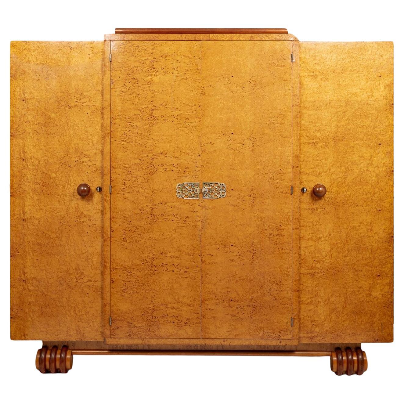 Antique French Art Deco Birdseye Maple Wardrobe Cabinet 1930s For Sale
