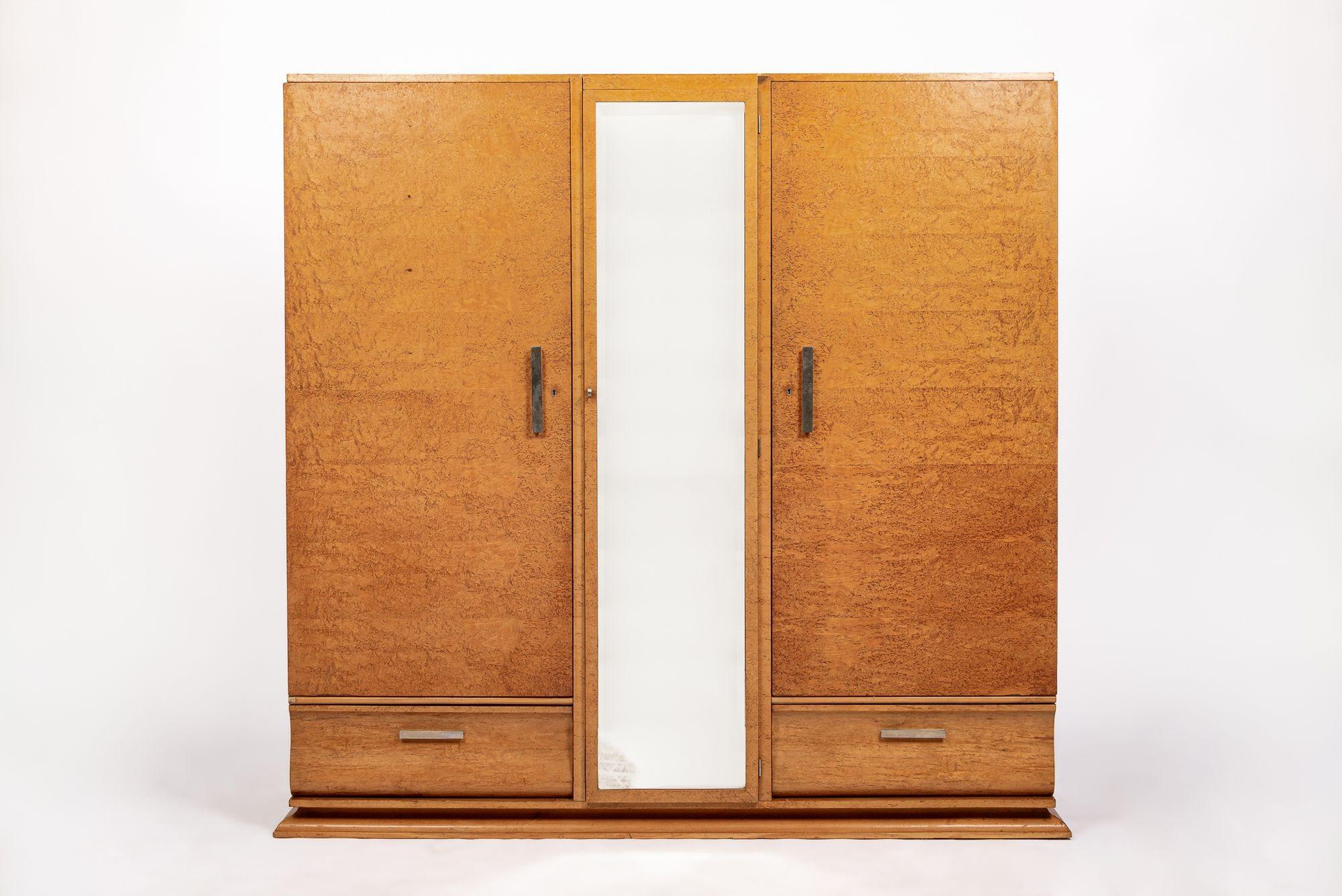 Antique French Art Deco Birdseye Maple Wardrobe Cabinet by Gouffé In Good Condition In Detroit, MI