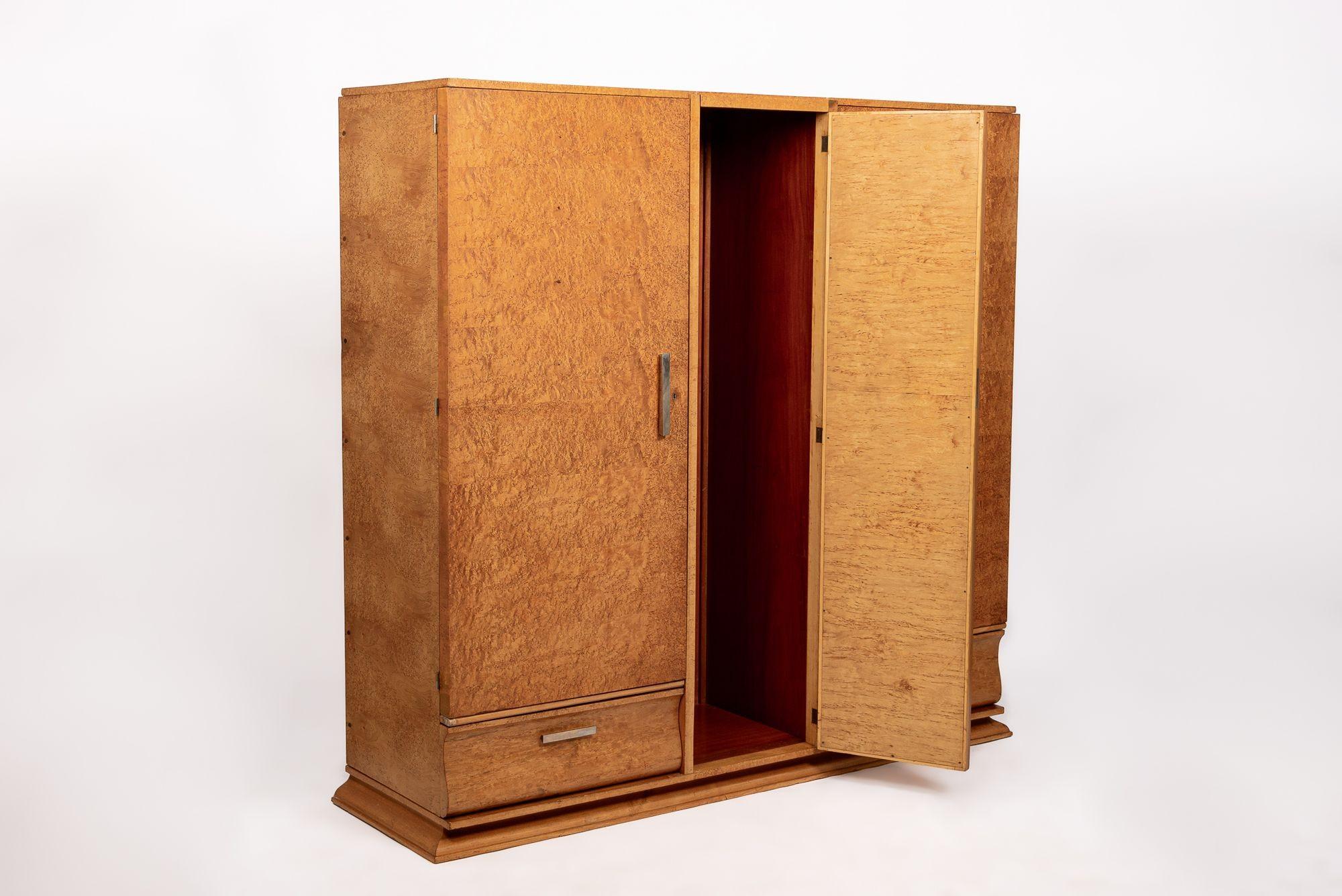 Metal Antique French Art Deco Birdseye Maple Wardrobe Cabinet by Gouffé