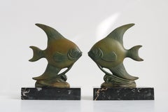 Antique French Art Deco Bookends Angelfish 1930 Black Marble Spelter Moonfish
