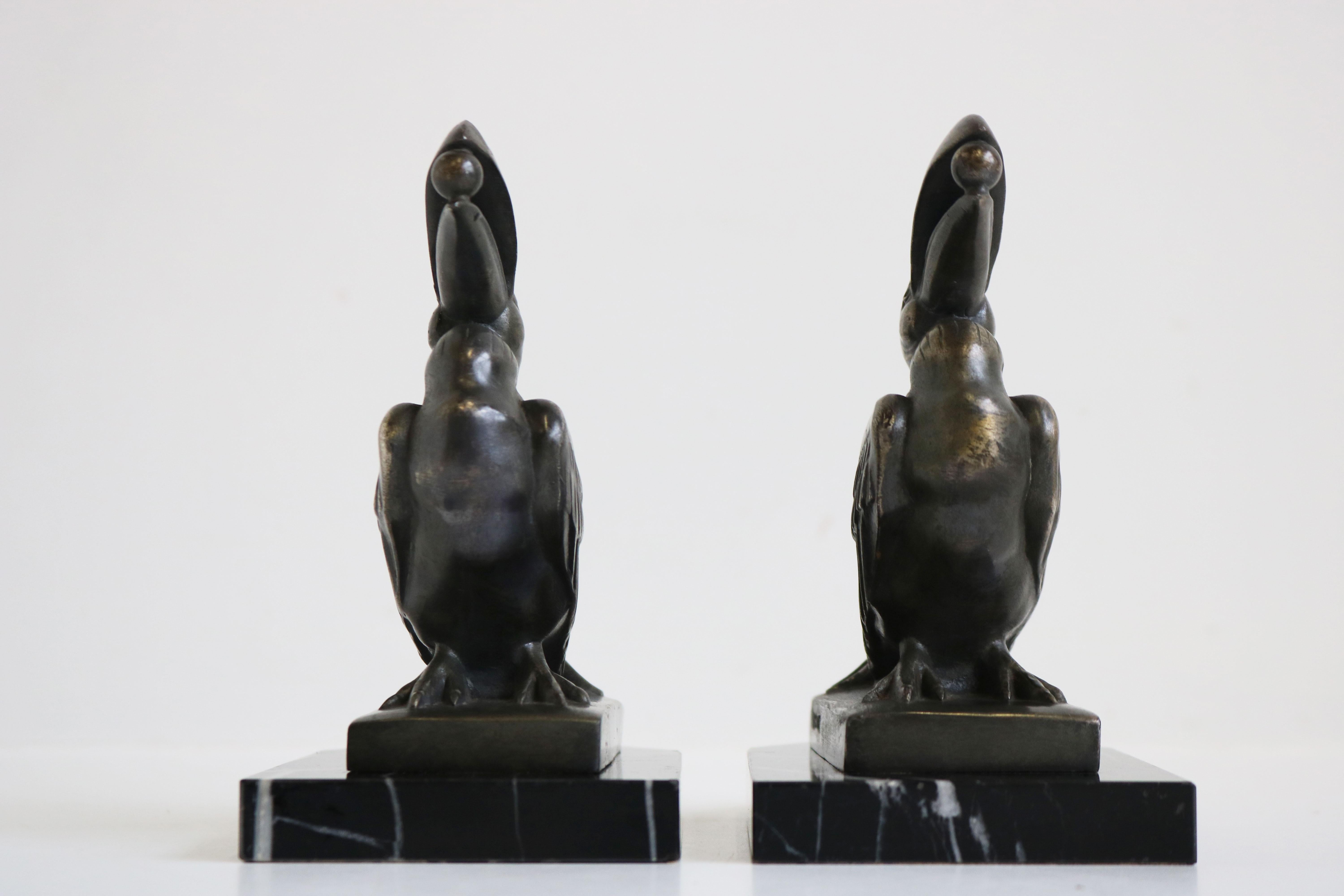 Antique French Art Deco Bookends by Maurice Frecourt 1925 Toucan Black Marble For Sale 5