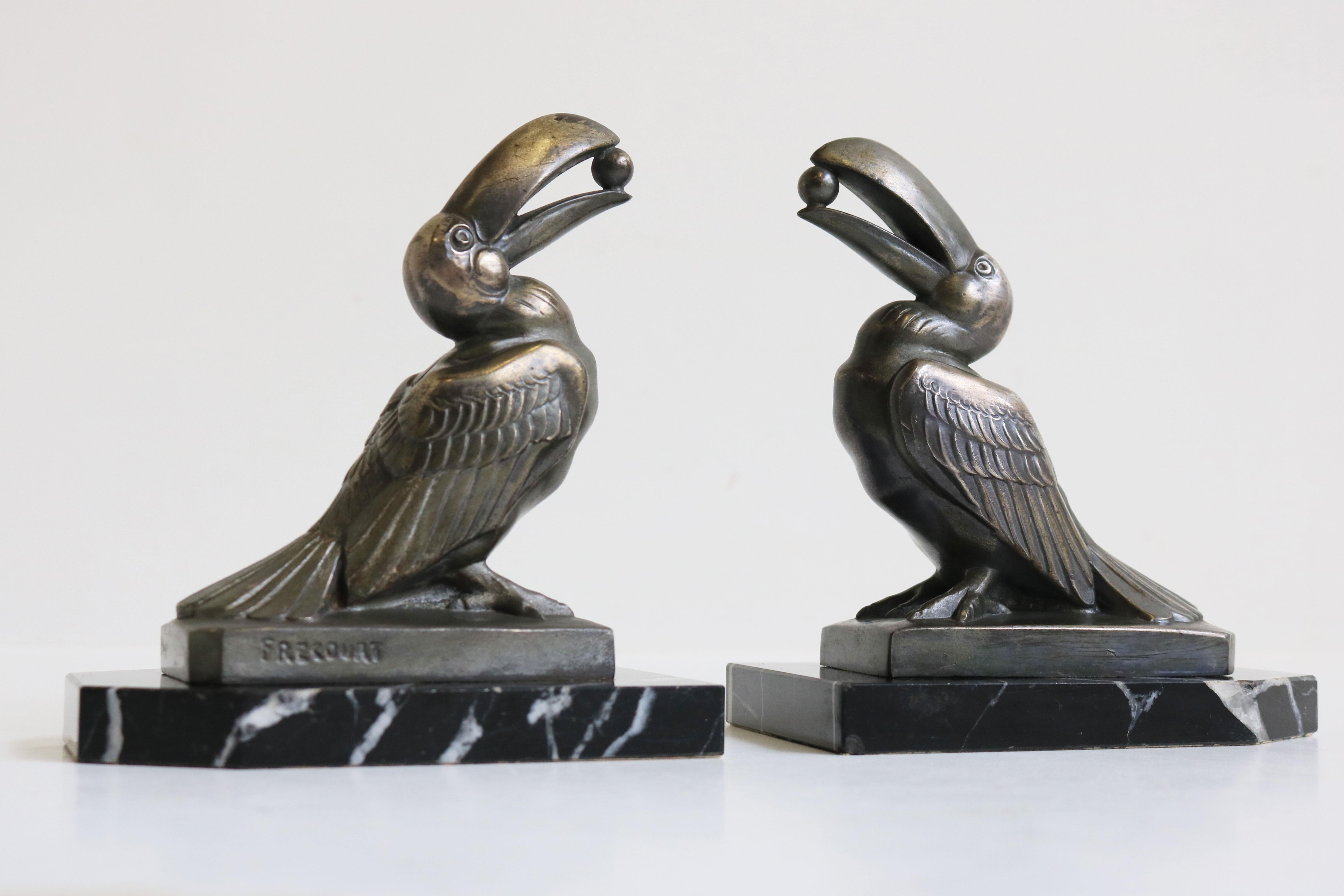 Antique French Art Deco Bookends by Maurice Frecourt 1925 Toucan Black Marble For Sale 8