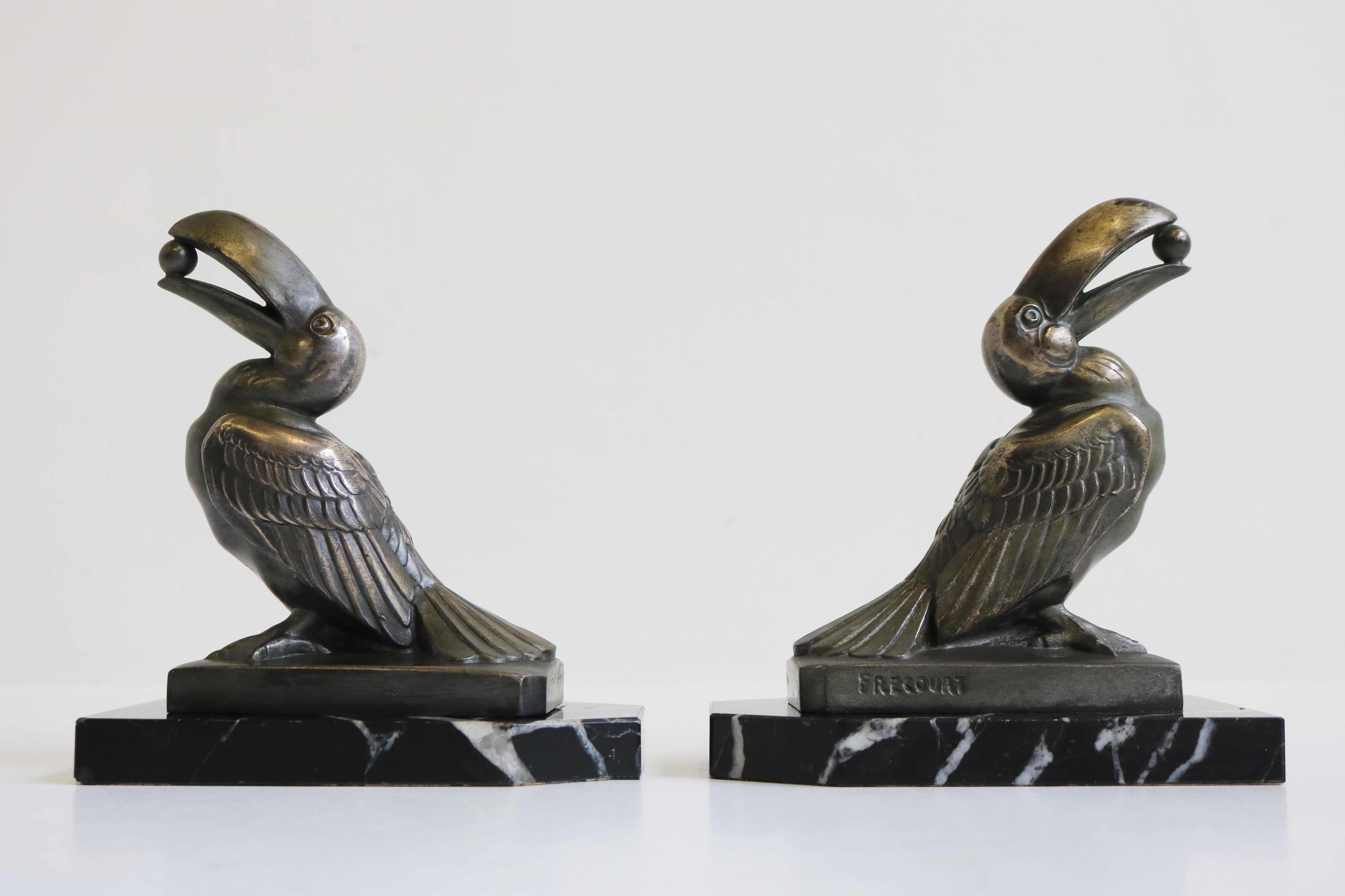 Early 20th Century Antique French Art Deco Bookends by Maurice Frecourt 1925 Toucan Black Marble For Sale
