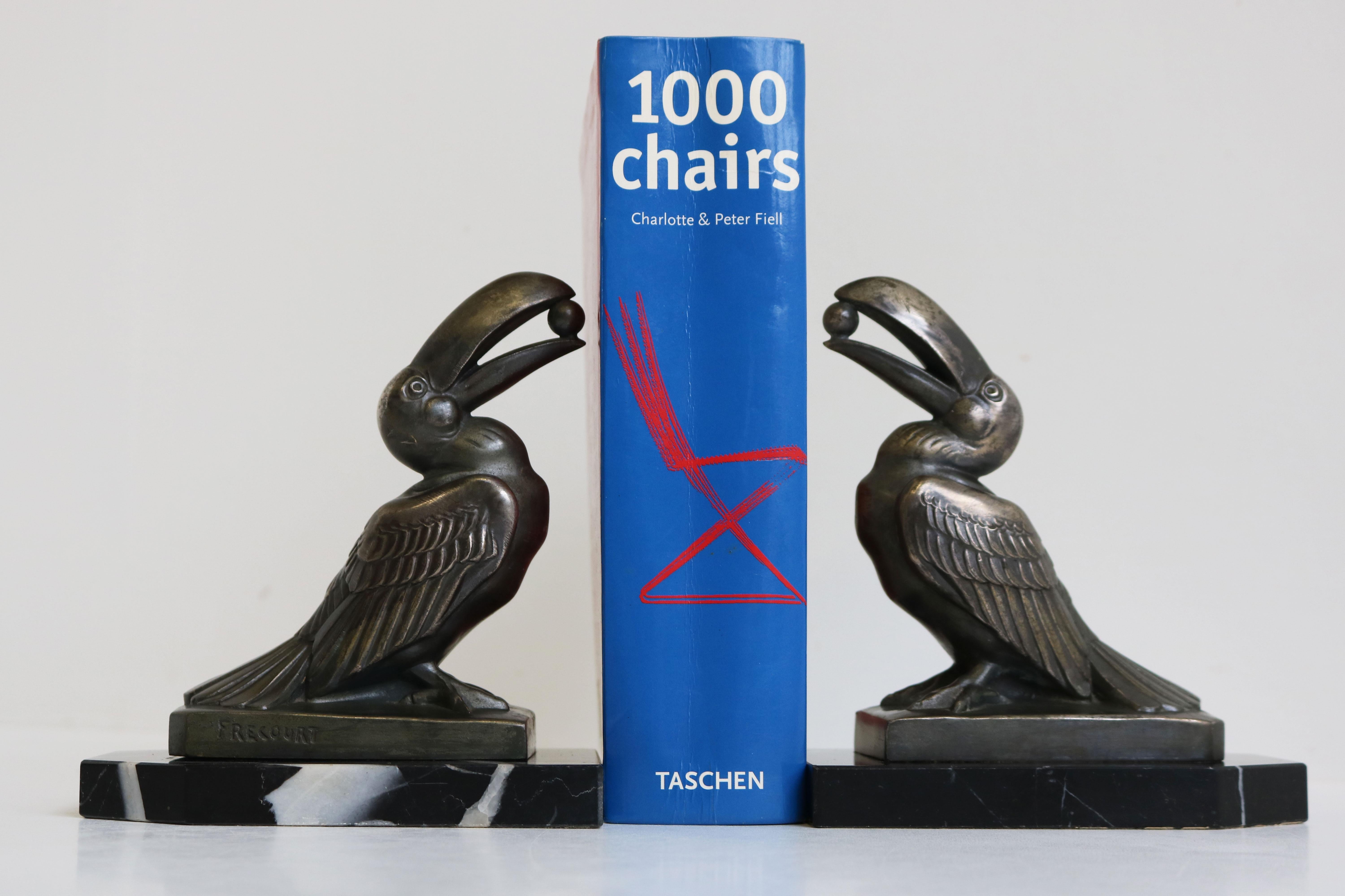 Spelter Antique French Art Deco Bookends by Maurice Frecourt 1925 Toucan Black Marble For Sale