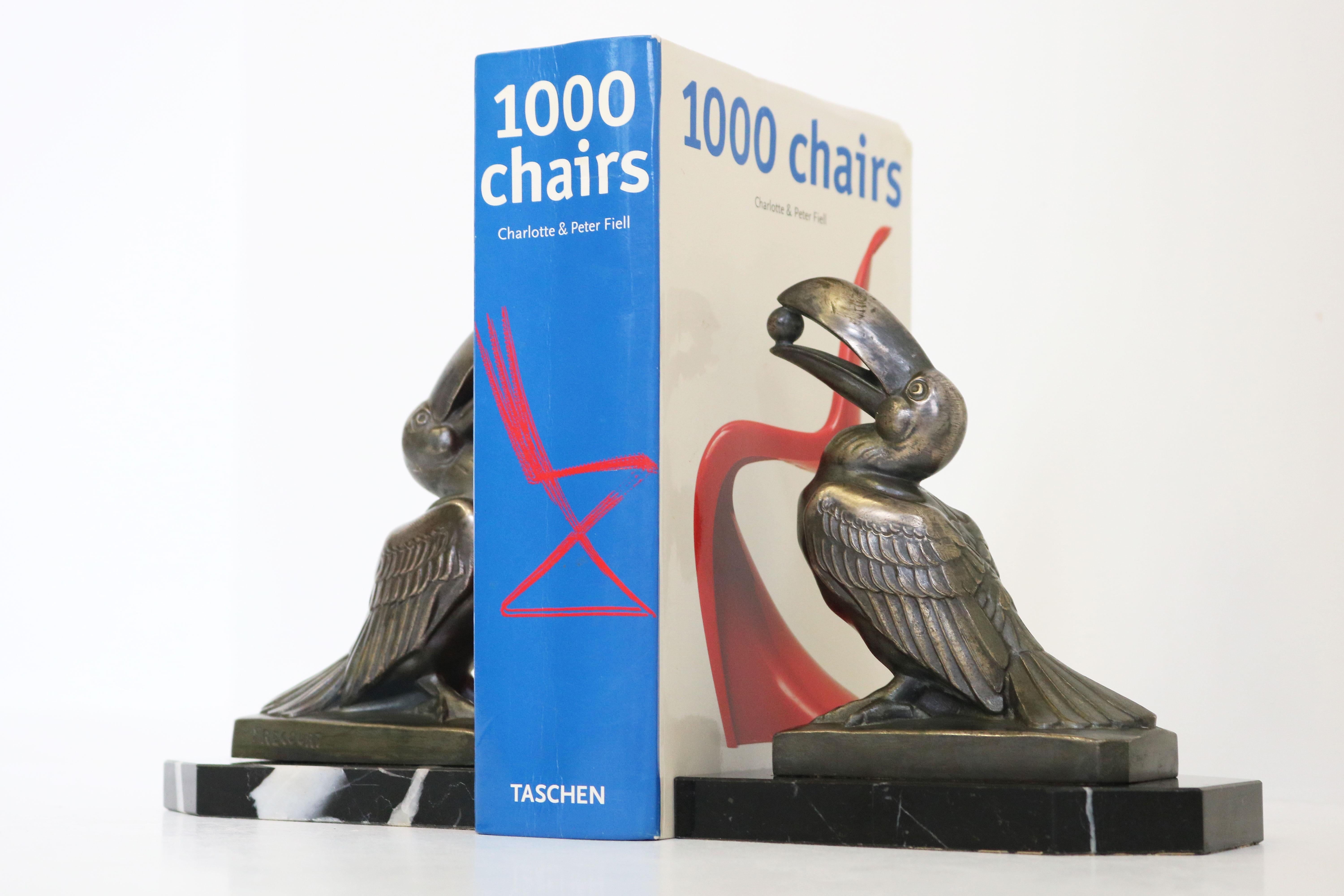 Antique French Art Deco Bookends by Maurice Frecourt 1925 Toucan Black Marble For Sale 1
