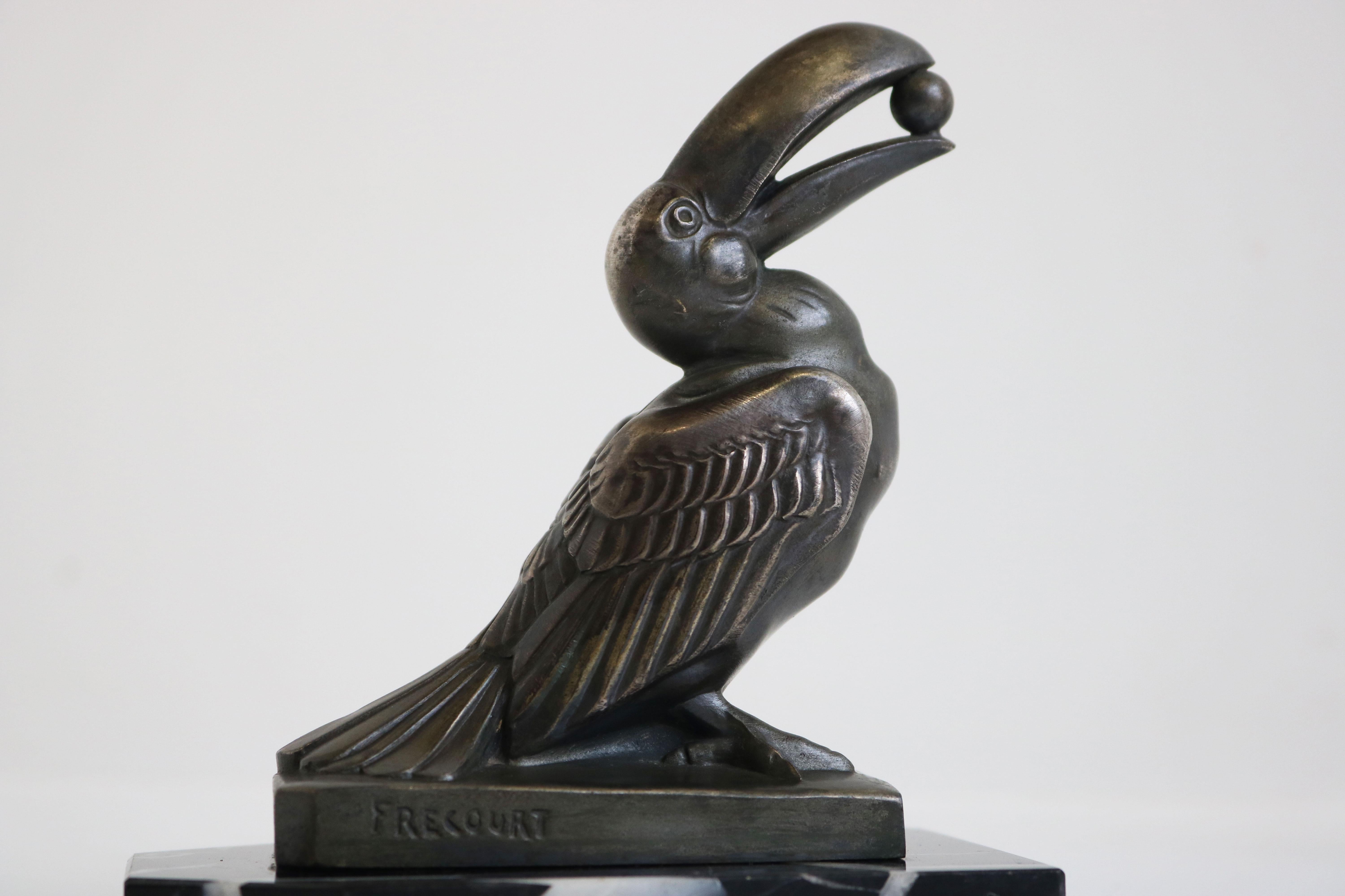 Antique French Art Deco Bookends by Maurice Frecourt 1925 Toucan Black Marble For Sale 3