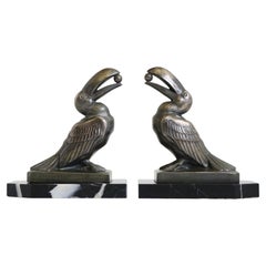 Antique French Art Deco Bookends by Maurice Frecourt 1925 Toucan Black Marble