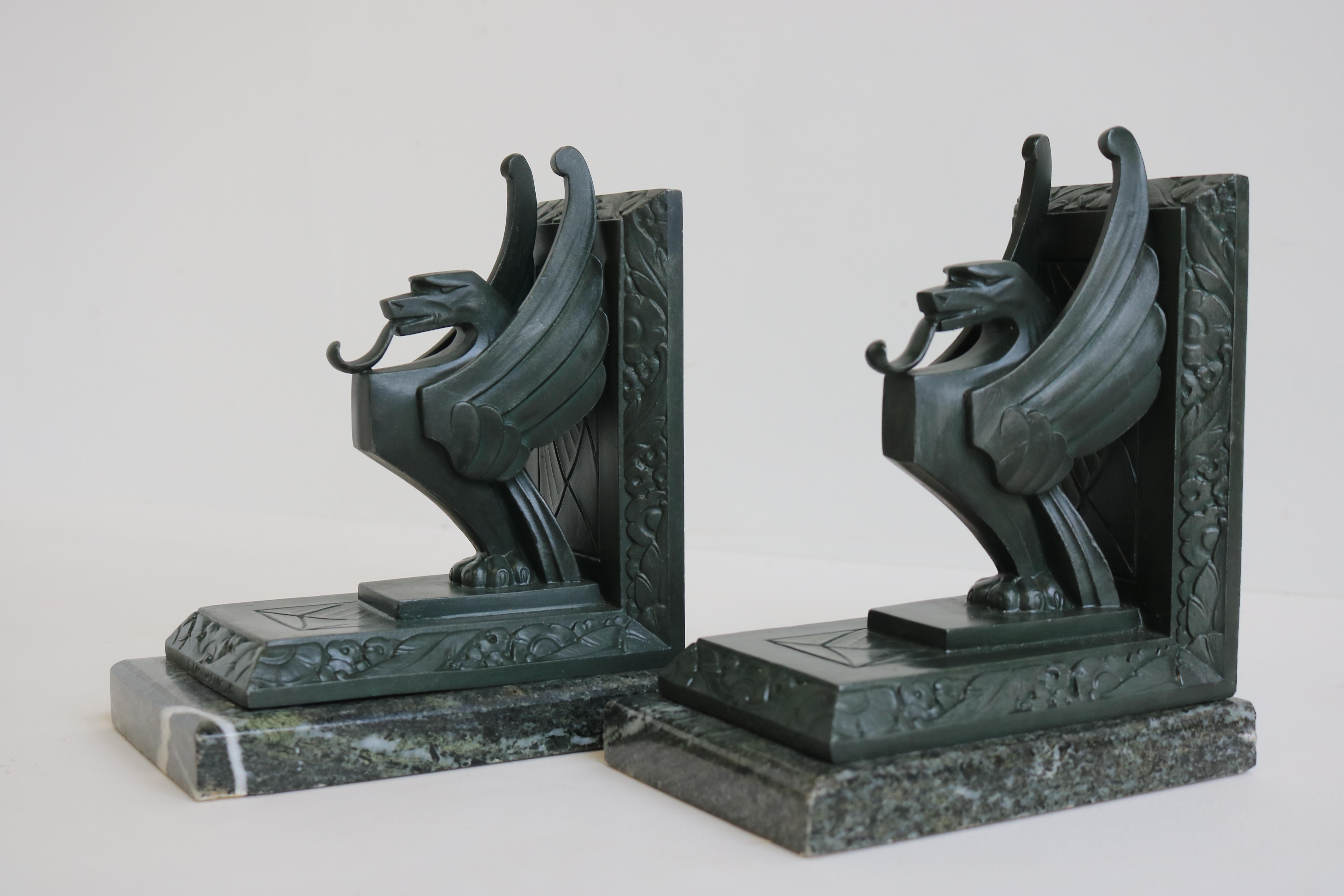 Antique French Art Deco Bookends “Griffins” by Limousin France 1930 Green Marble 5