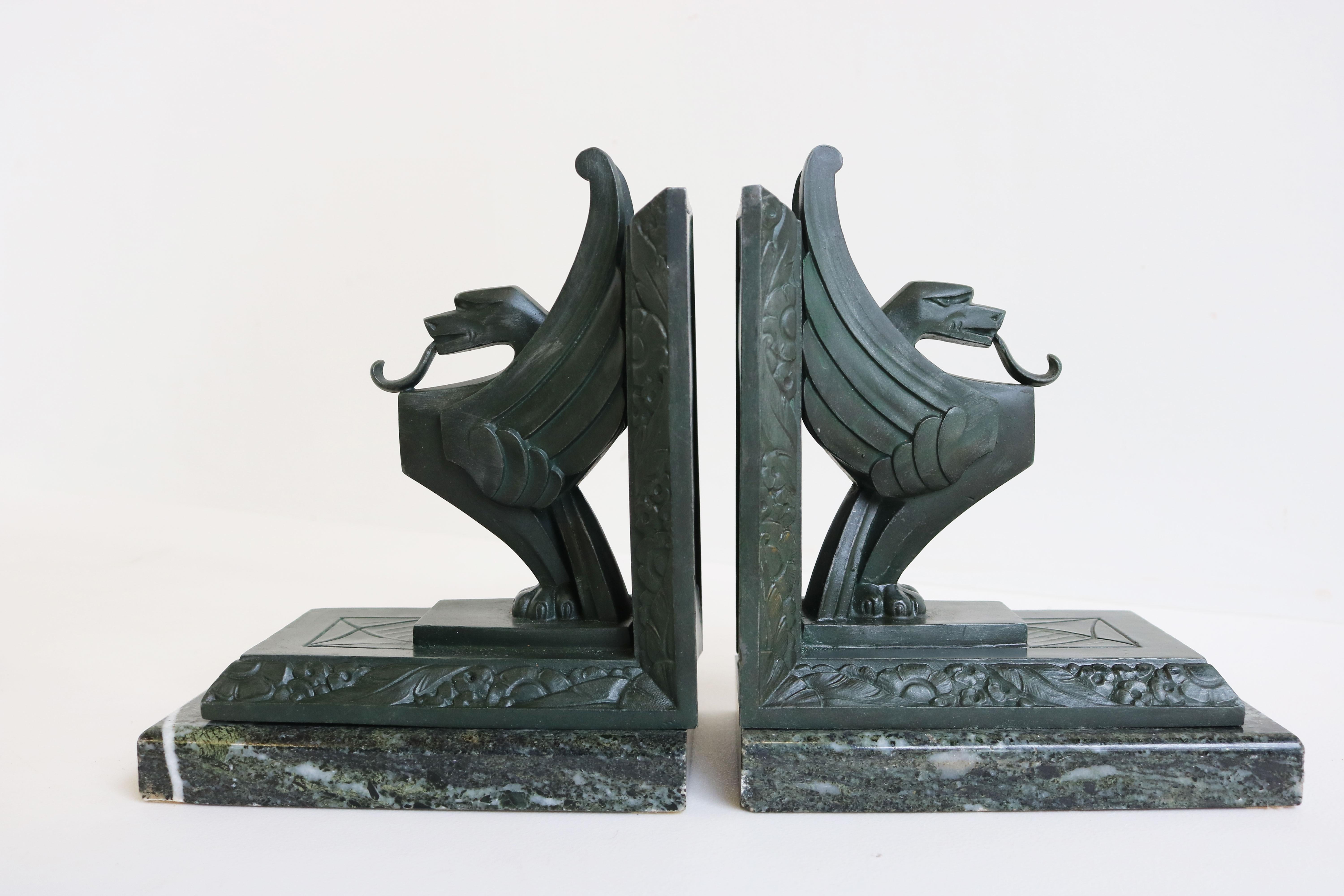 Antique French Art Deco Bookends “Griffins” by Limousin France 1930 Green Marble 6