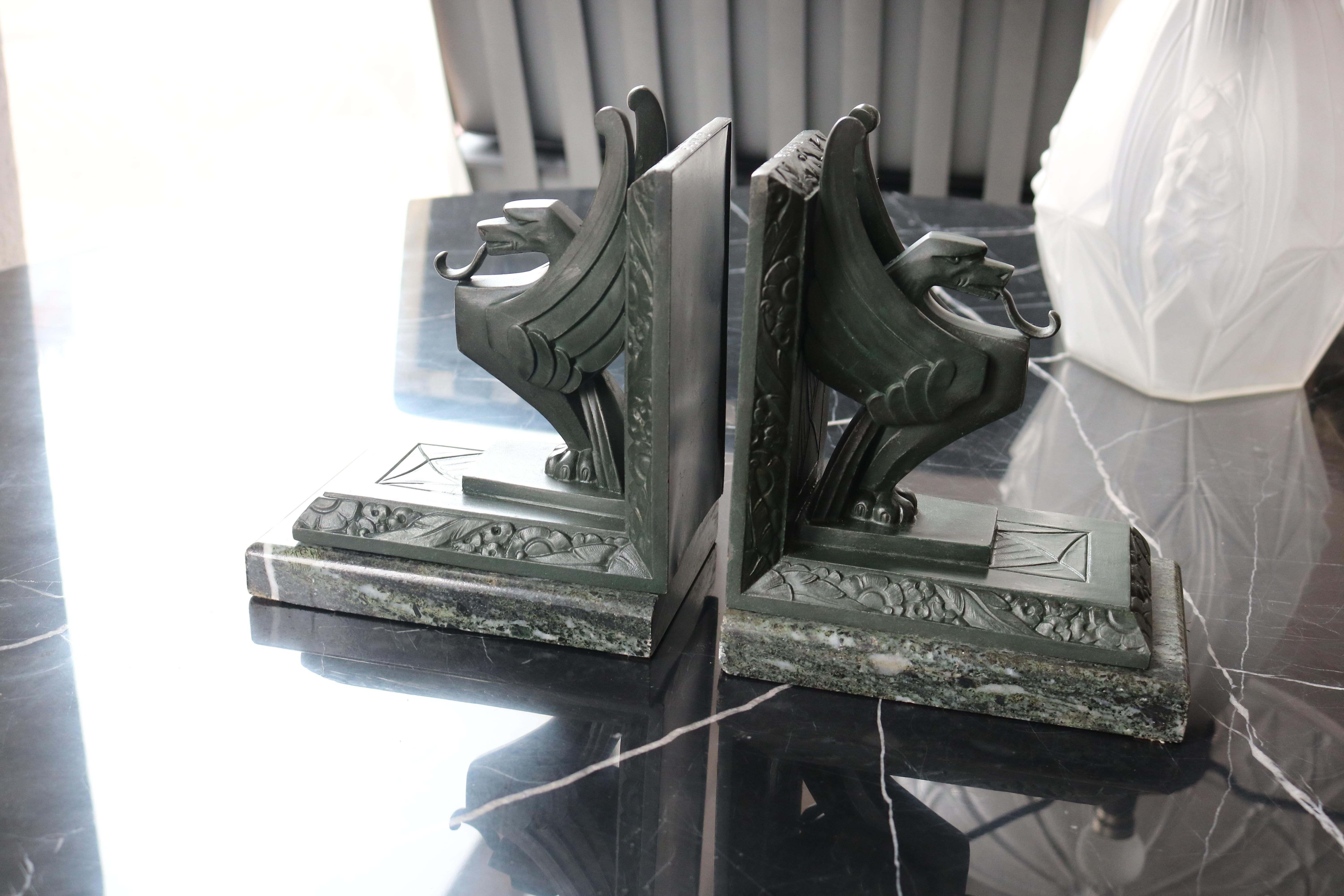 Antique French Art Deco Bookends “Griffins” by Limousin France 1930 Green Marble 7
