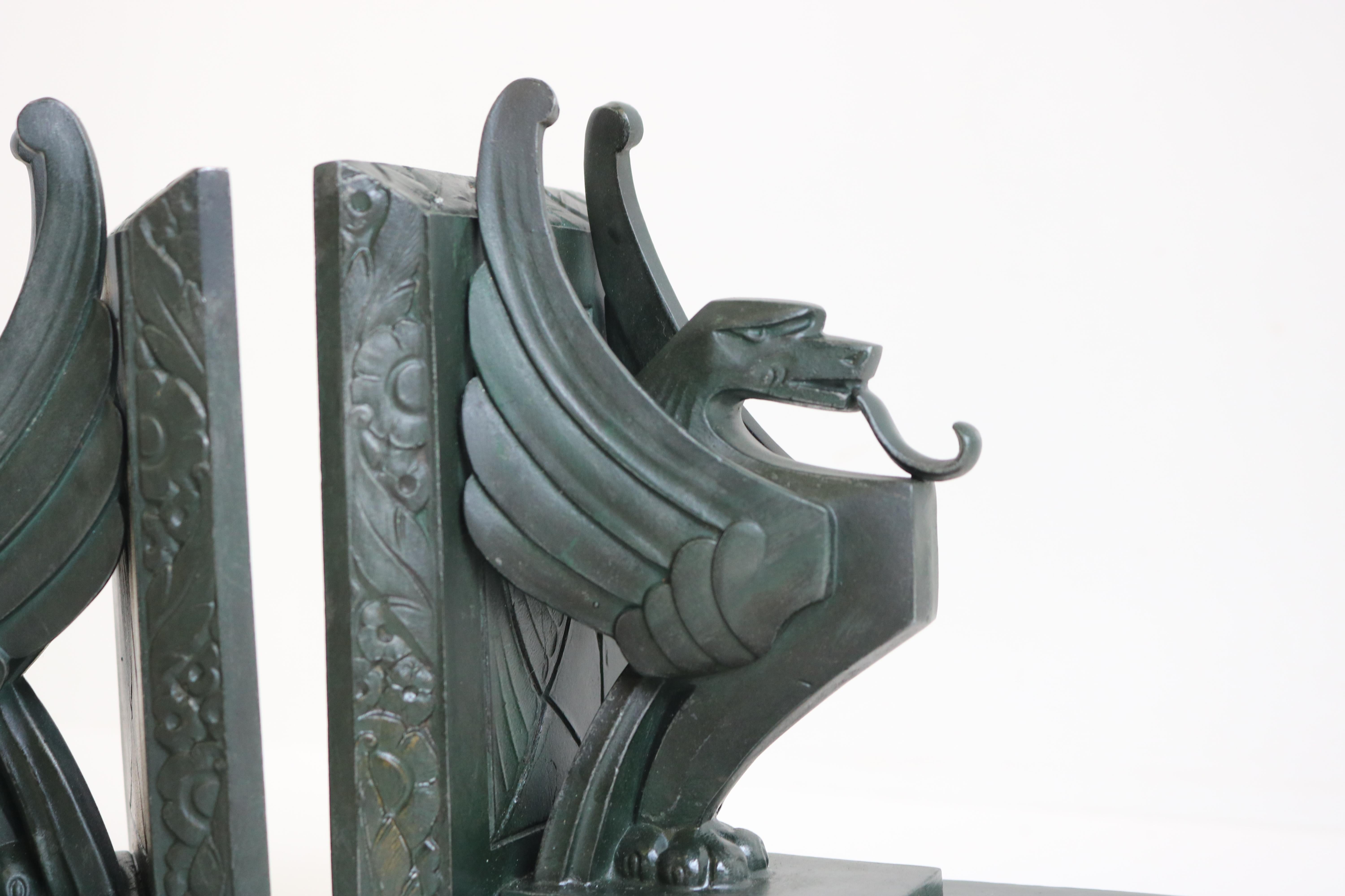 Antique French Art Deco Bookends “Griffins” by Limousin France 1930 Green Marble In Good Condition In Ijzendijke, NL