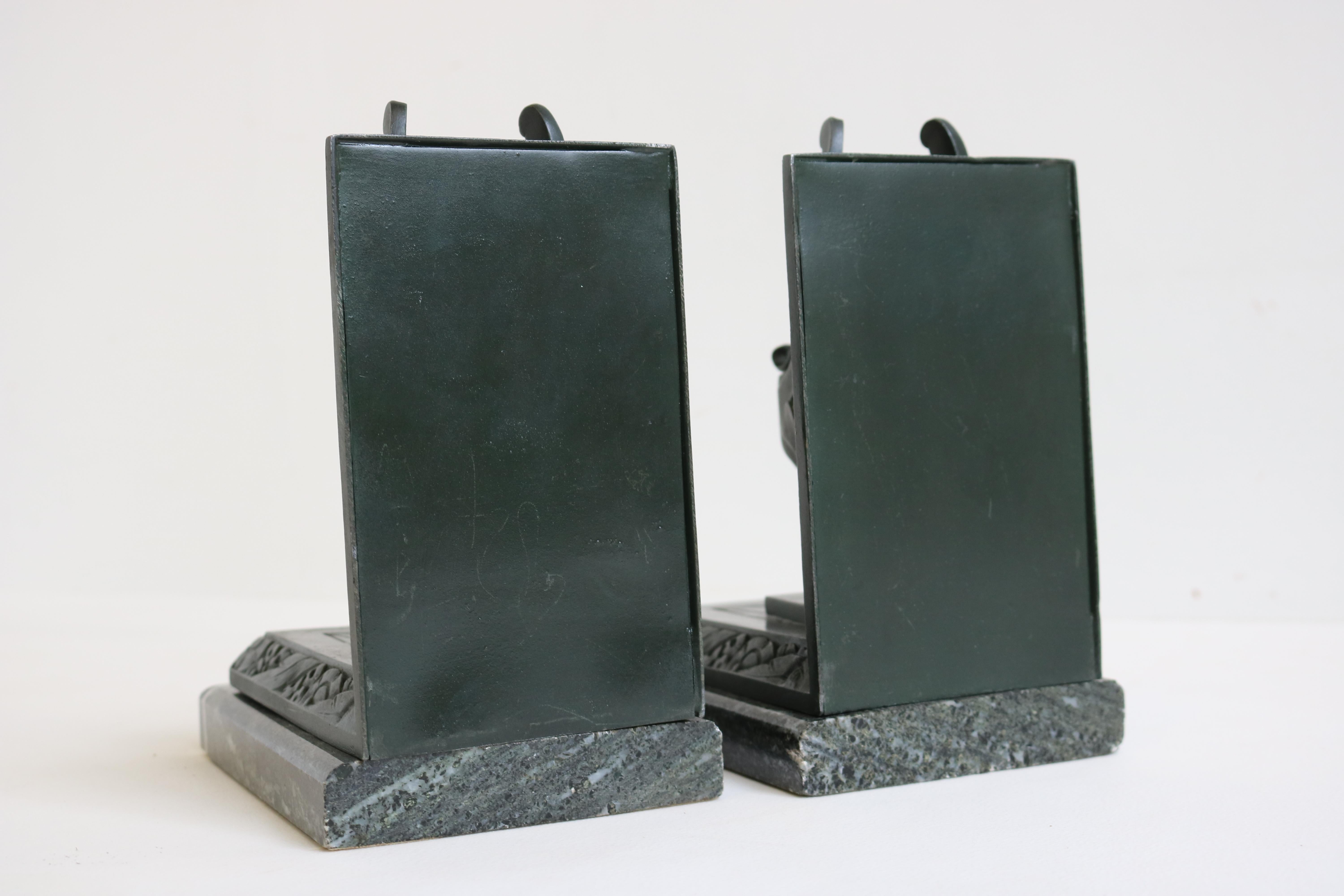 Antique French Art Deco Bookends “Griffins” by Limousin France 1930 Green Marble 2