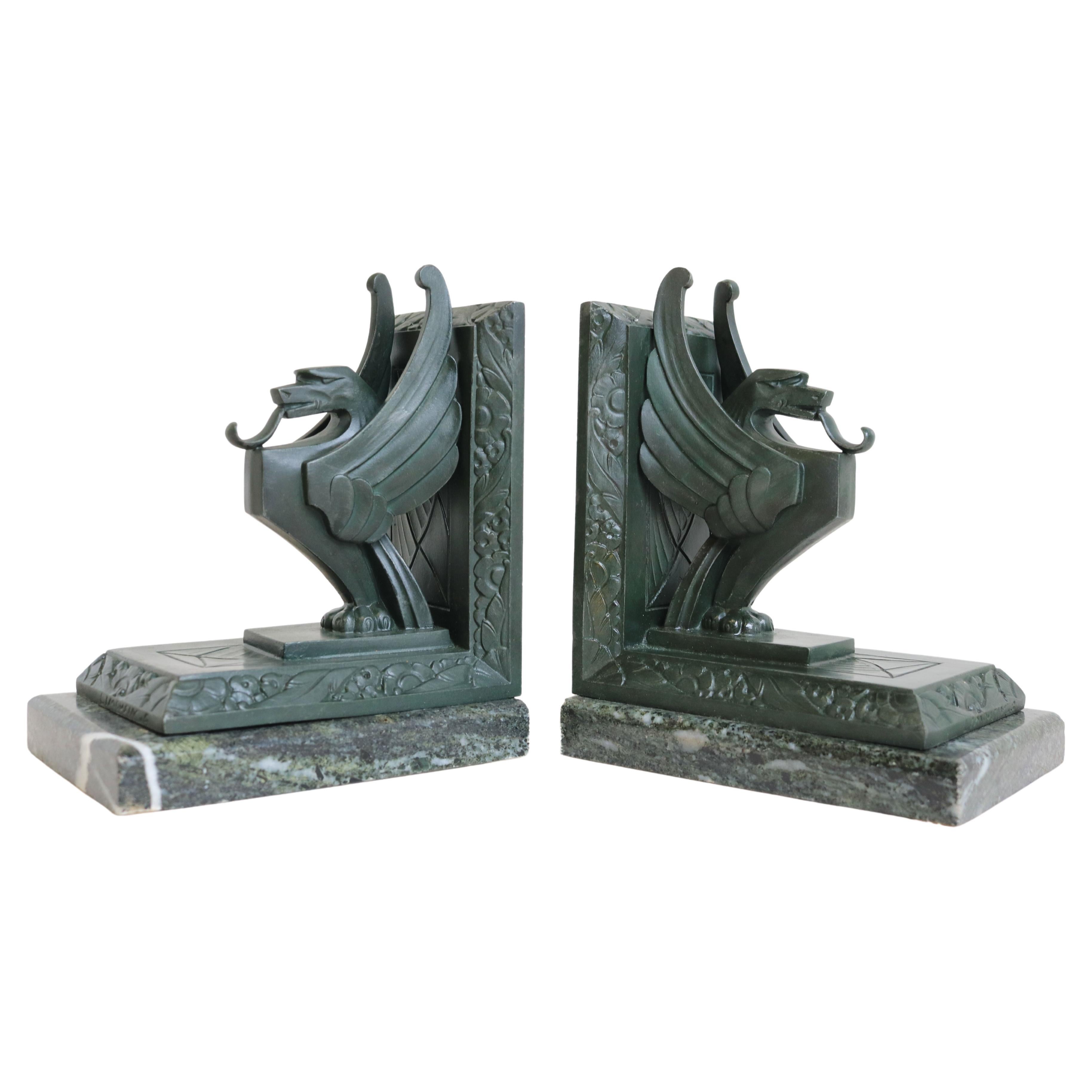 Antique French Art Deco Bookends “Griffins” by Limousin France 1930 Green Marble