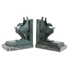 Antique French Art Deco Bookends “Griffins” by Limousin France 1930 Green Marble