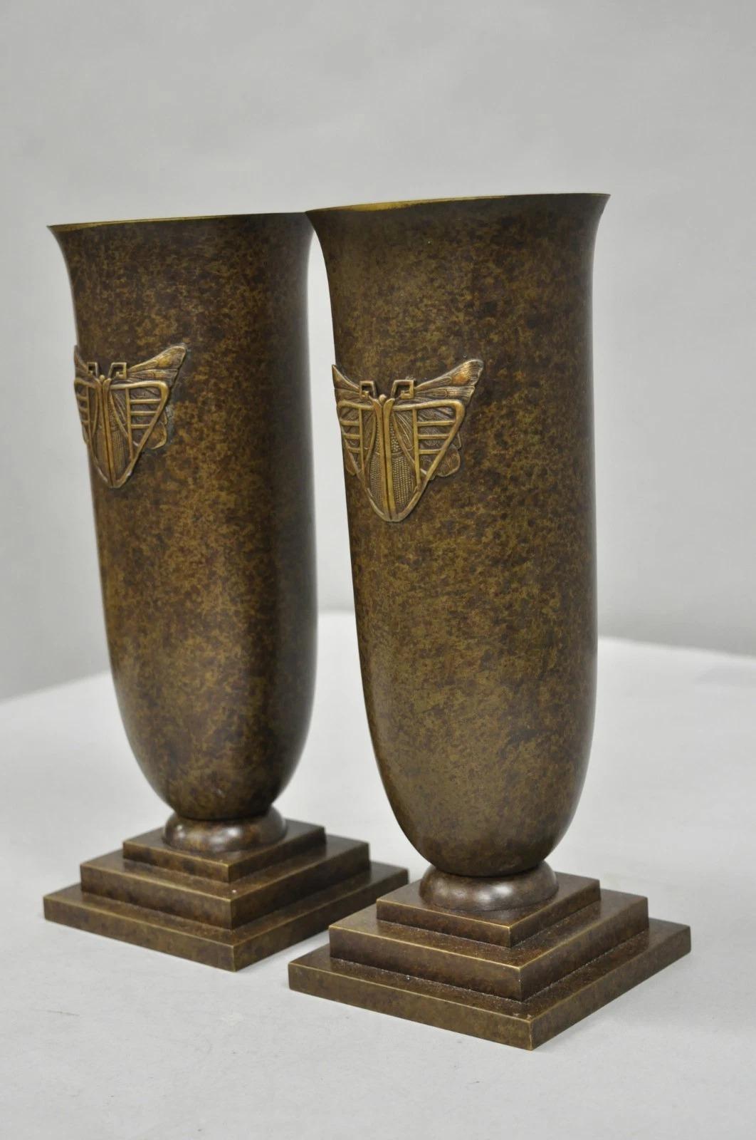 Antique French Art Deco Bronze Fluted Altar Vase w/ Butterfly Moth - a Pair For Sale 7