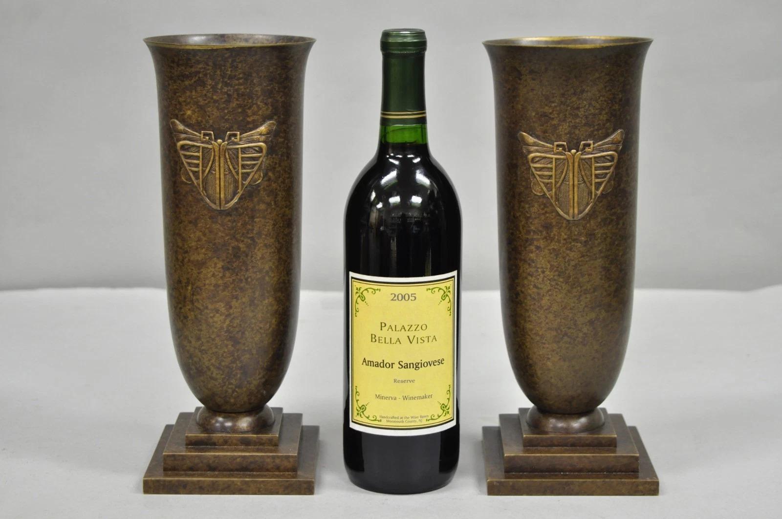 Antique French Art Deco Bronze Fluted Altar Vases w/ Butterfly Ormolu - a Pair. Circa Early 20th Century. Measurements: 11