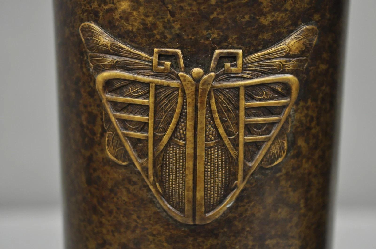 Unknown Antique French Art Deco Bronze Fluted Altar Vase w/ Butterfly Moth - a Pair For Sale