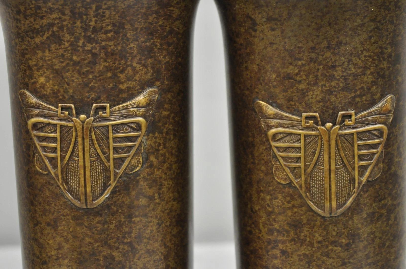 Antique French Art Deco Bronze Fluted Altar Vase w/ Butterfly Moth - a Pair In Good Condition For Sale In Philadelphia, PA