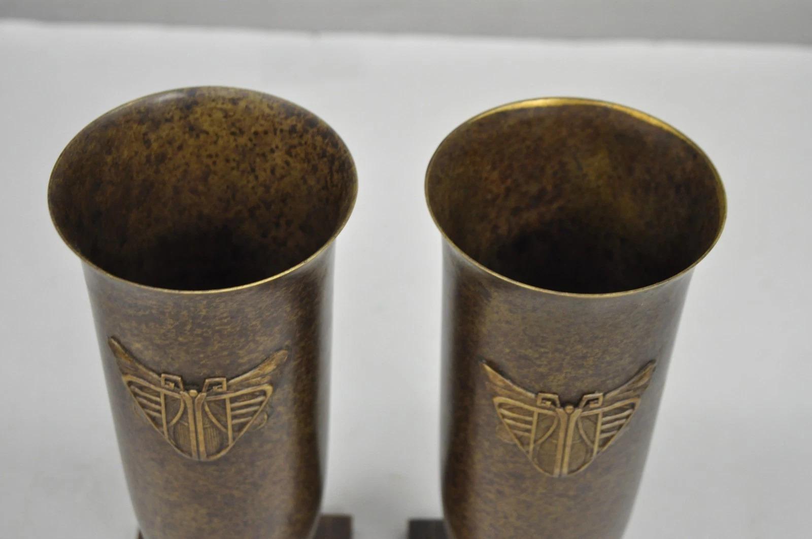 Antique French Art Deco Bronze Fluted Altar Vase w/ Butterfly Moth - a Pair For Sale 2
