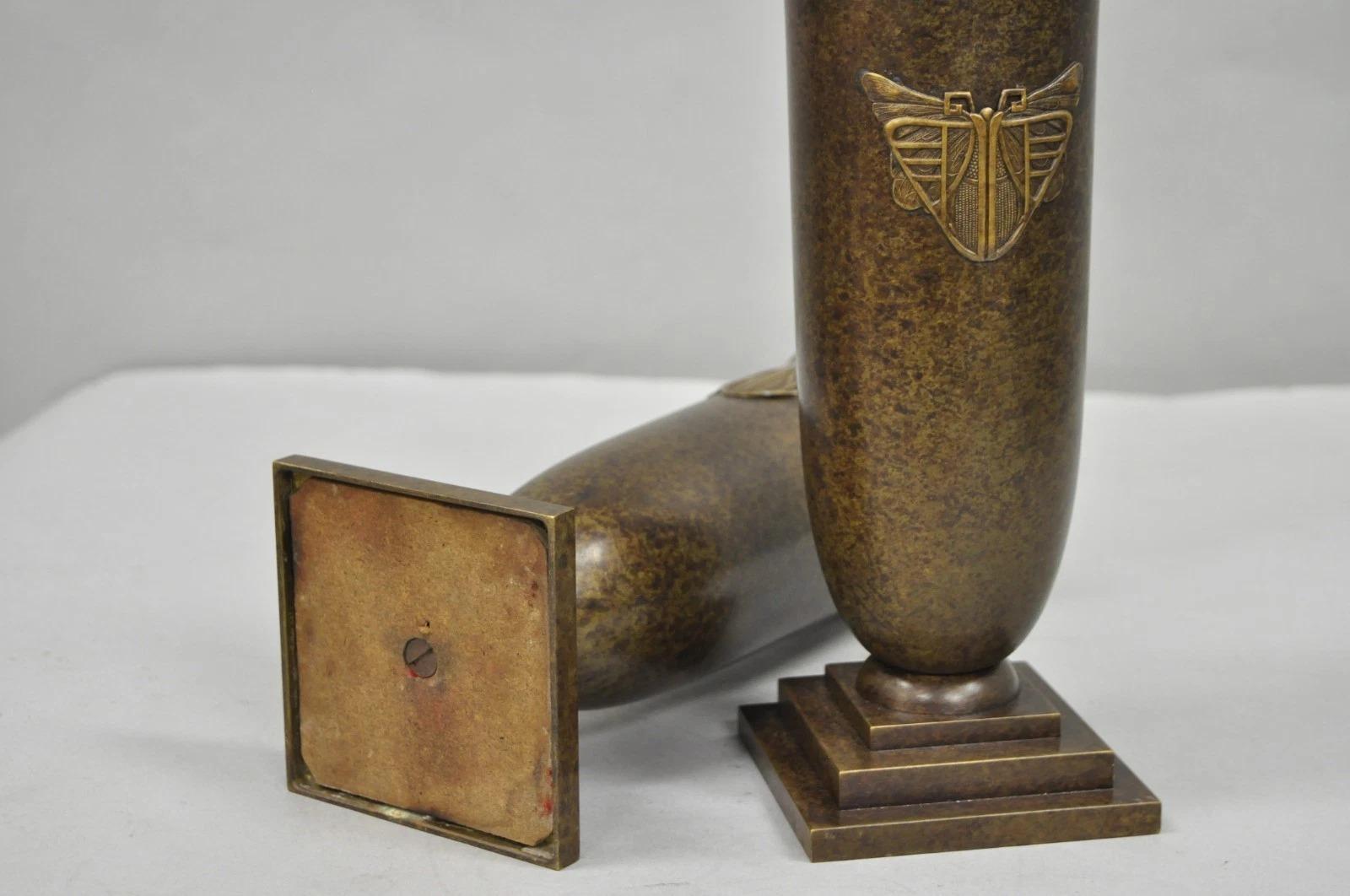 Antique French Art Deco Bronze Fluted Altar Vase w/ Butterfly Moth - a Pair For Sale 4