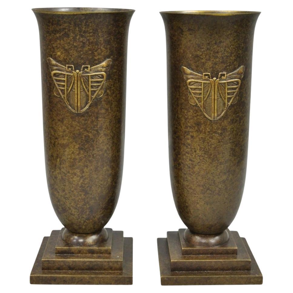 Antique French Art Deco Bronze Fluted Altar Vase w/ Butterfly Moth - a Pair For Sale