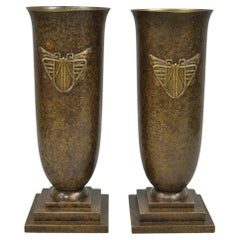 Antique French Art Deco Bronze Fluted Altar Vase w/ Butterfly Moth - a Pair