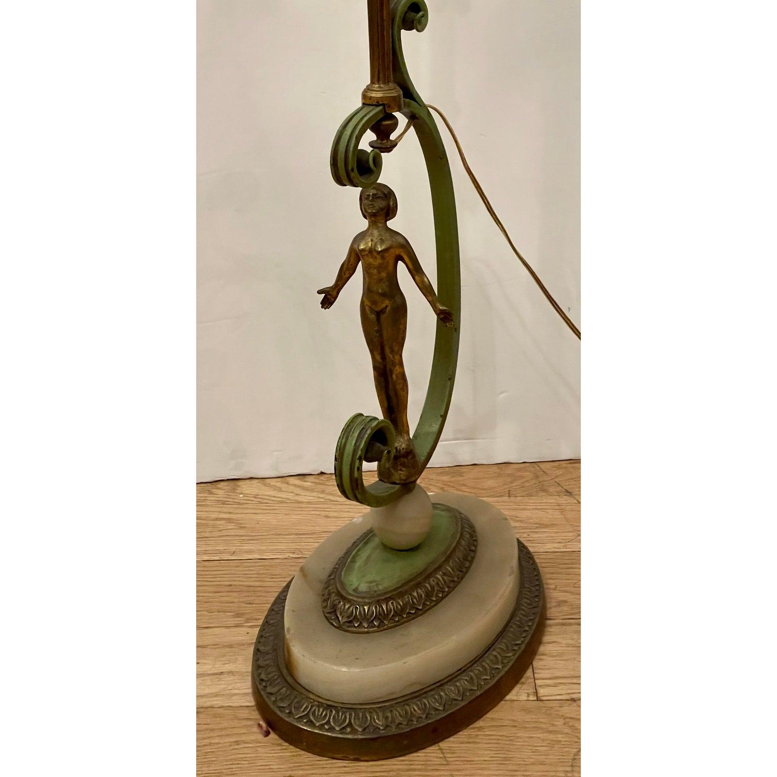 Antique French Art Deco bronze nude figural floor lamp.