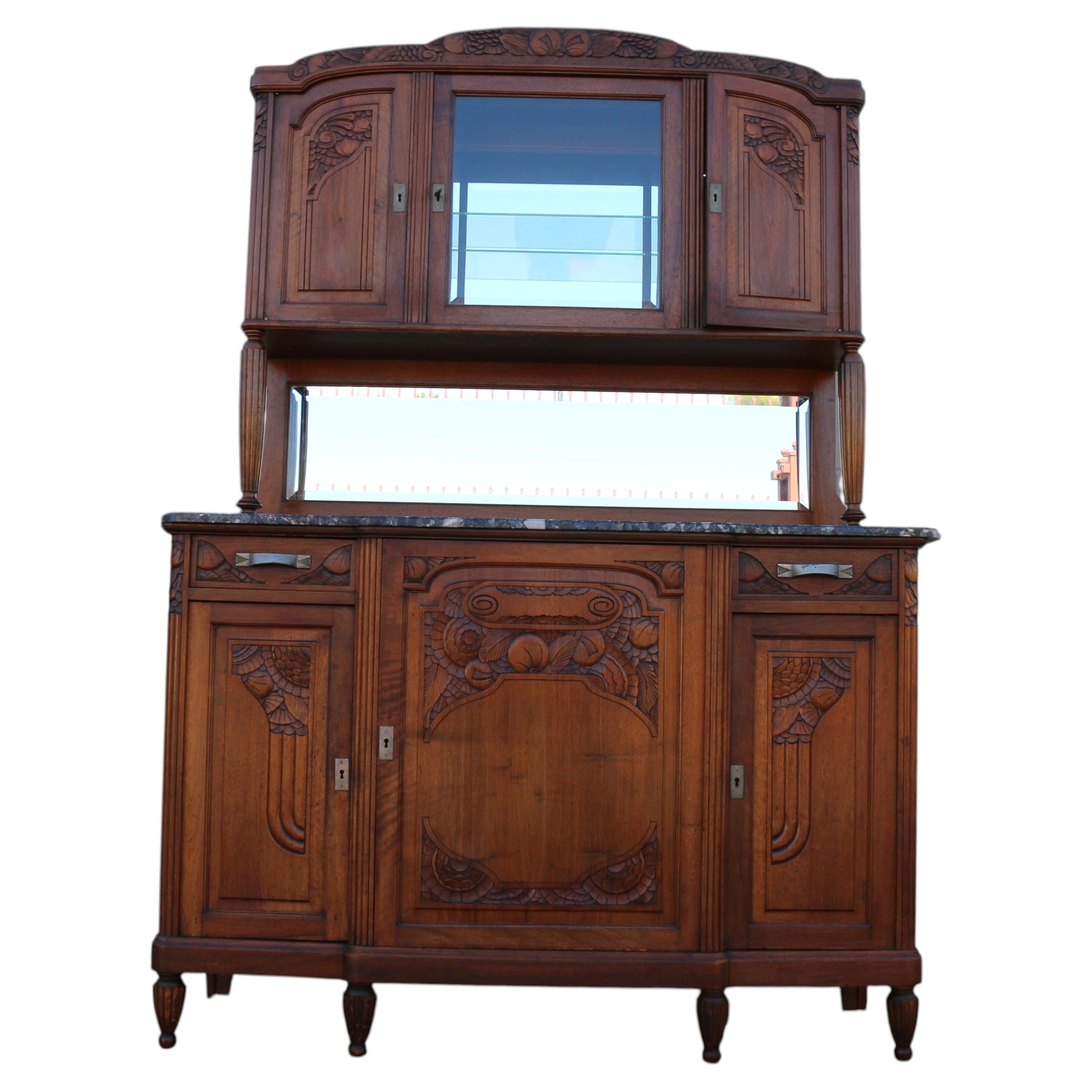 Antique French Art Deco Buffet Hutch With Marble Top & Mirror For Sale